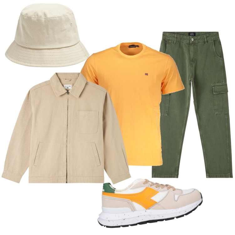 Outfit uomo - Giornata di aprile. Stile Trendy per Ufficio. Abbinamento con sneakers, giacche, cappelli, pantaloni cargo, t-shirt.