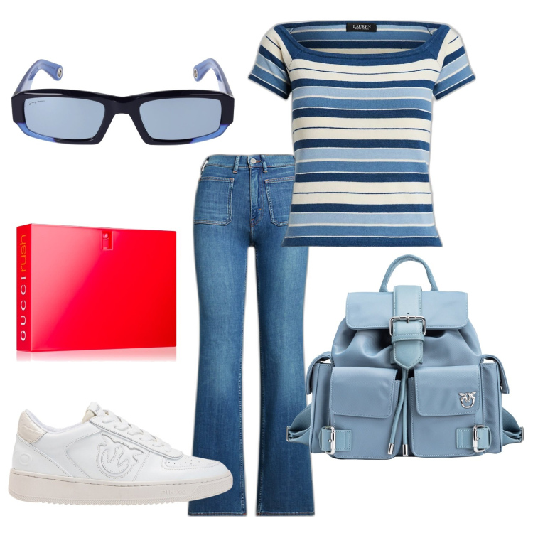 Outfit donna - Che bello zaino. Stile Urban per Tutti i giorni. Abbinamento con profumi, sneakers, zaini, jeans bootcut, maglieria, occhiali da sole.
