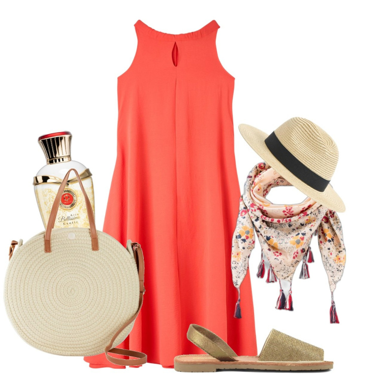 Outfit donna - Zafferano. Stile Chic per Tutti i giorni. Abbinamento con shopping bag, foulard, profumi, vestiti senza maniche, cappelli, sandali in pelle.