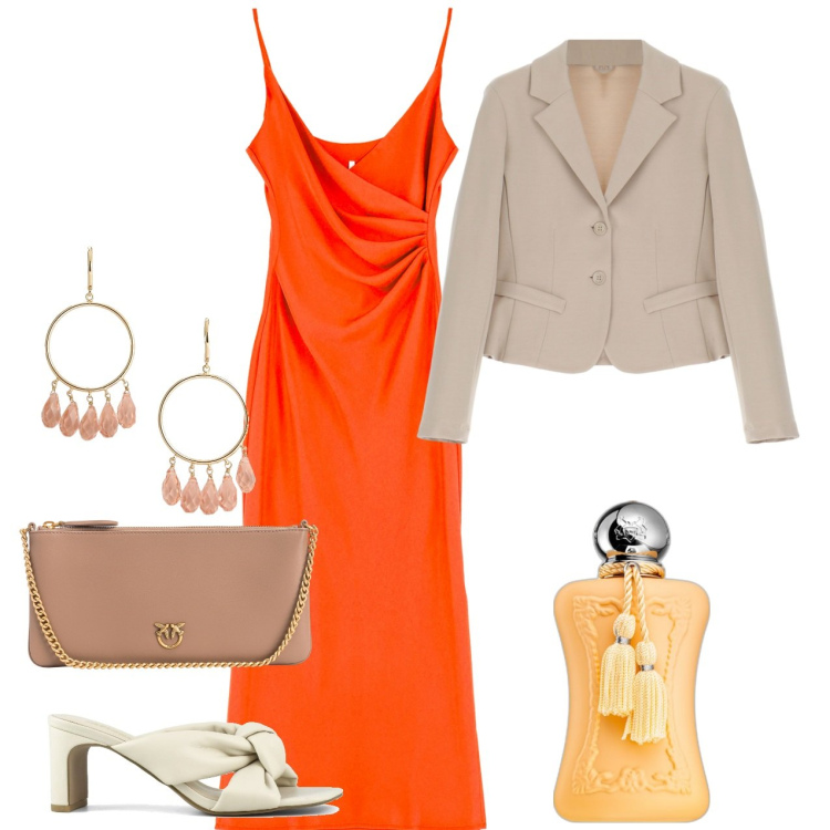 Outfit donna - Un matrimonio solare. Stile Chic per Cerimonia. Abbinamento con profumi, borse a tracolla, vestiti midi/longuette, blazer, orecchini, sandali col tacco.