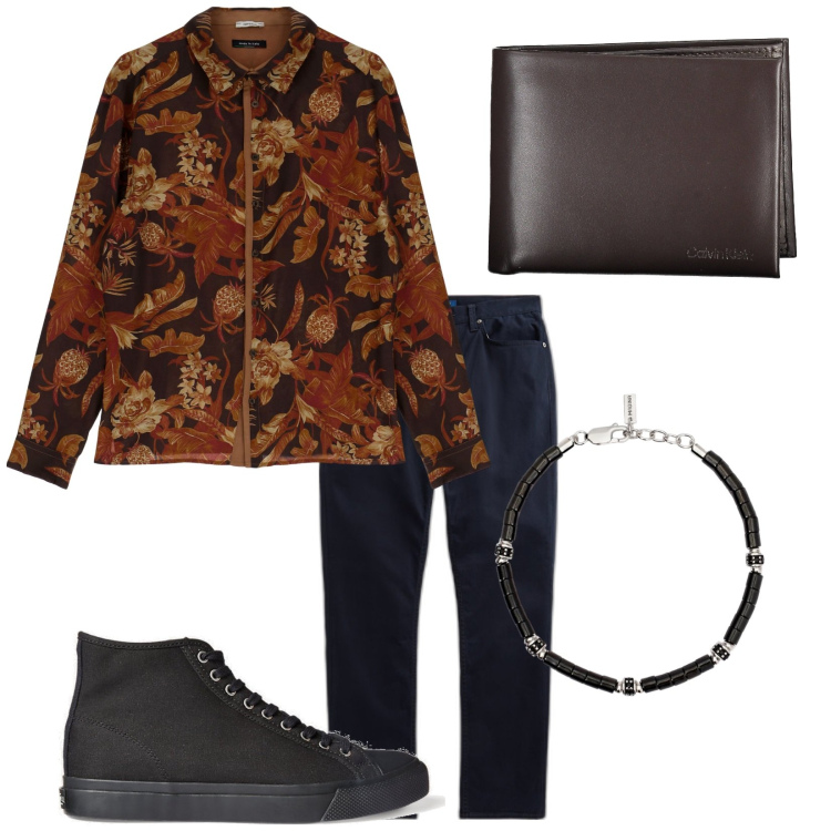 Outfit uomo - La floreale. Stile Urban per Tutti i giorni. Abbinamento con braccialetti, camicie, sneakers, pantaloni, portafogli.