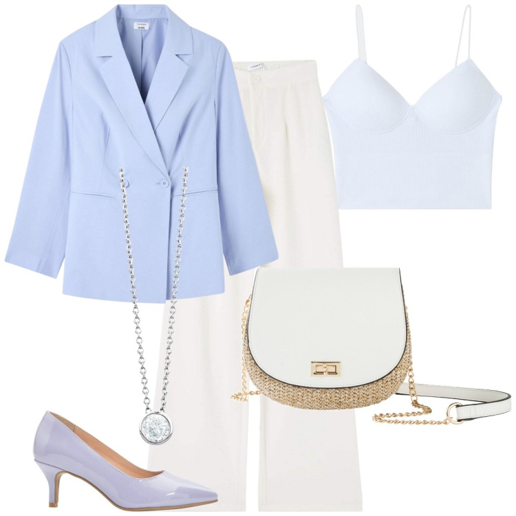Outfit donna - Un blazer chiaro per la primavera. Stile Casual chic per Cerimonia. Abbinamento con borse a tracolla, décolleté, pantaloni, top, blazer, collane.