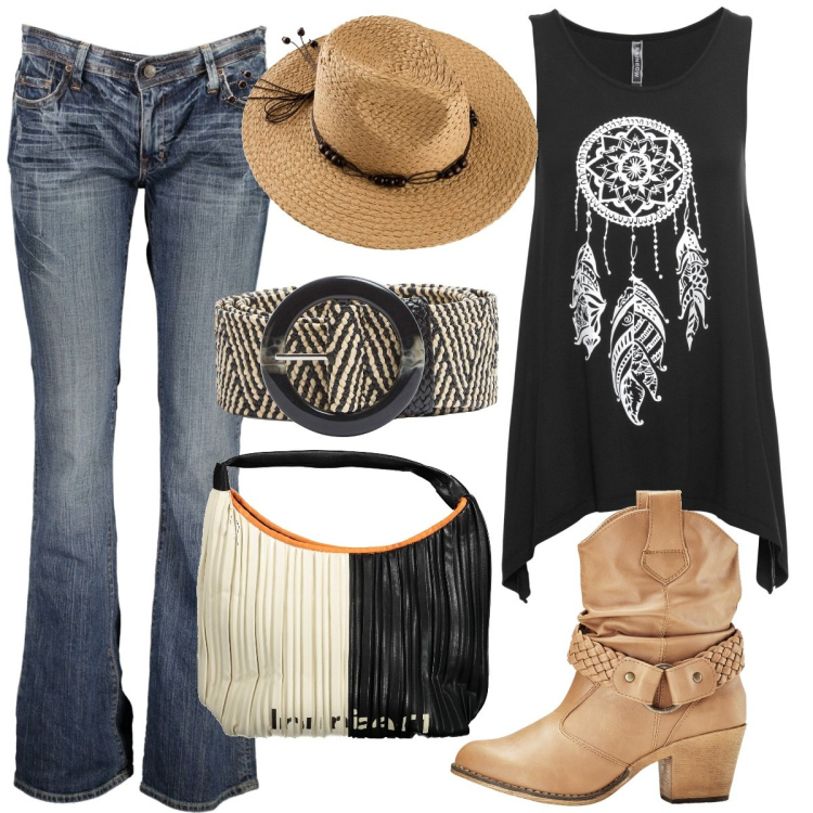 Outfit donna - Coachella Festival. Stile Boho per Tutti i giorni. Abbinamento con top, stivaletti texani, cappelli, cinture, jeans, borse a spalla.