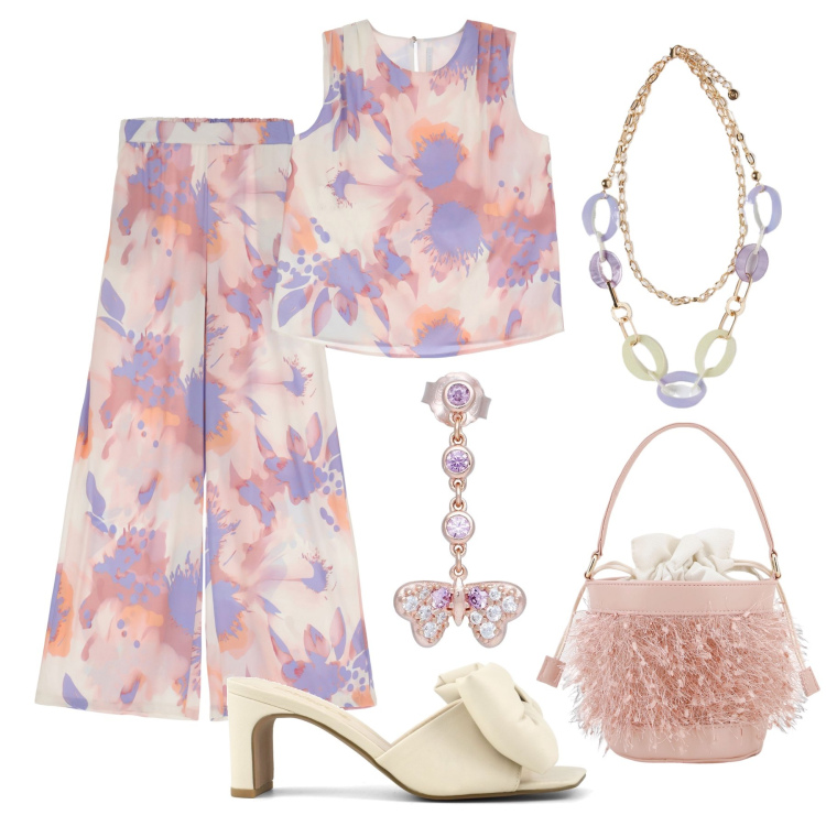 Outfit donna - Leggerezza. Stile Chic per Serata fuori. Abbinamento con orecchini, top, pantaloni, borse a secchiello, sandali col tacco, ciondoli.