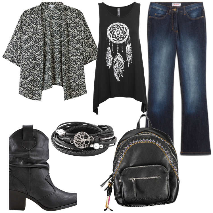 Outfit donna - Boho di primavera. Stile Boho per Tutti i giorni. Abbinamento con top, jeans bootcut, stivaletti texani, braccialetti, blazer, zaini.