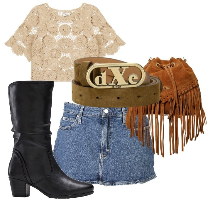 Outfit donna - Coachella style. Stile 70s per Serata fuori. Abbinamento con stivali, borse a secchiello, maglieria, cinture, gonne.