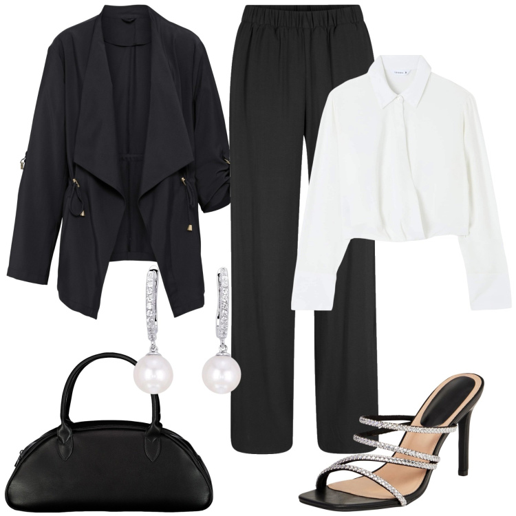 Outfit donna - Bianco e nero per la sera. Stile Chic per Serata fuori. Abbinamento con pantaloni, blazer, sandali col tacco, bluse, orecchini, borse a spalla.