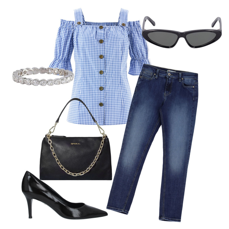 Outfit donna - Aperitivo in jeans. Stile Glamour per Serata fuori. Abbinamento con camicie a manica corta, décolleté, anelli, jeans skinny, pochette, occhiali da sole.
