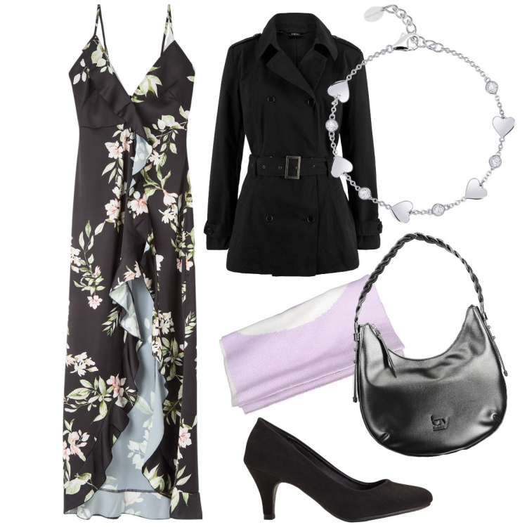 Outfit donna - Fresche serate di primavera. Stile Casual chic per Serata fuori. Abbinamento con décolleté, trench, vestiti lunghi, braccialetti, borse a spalla, sciarpe.
