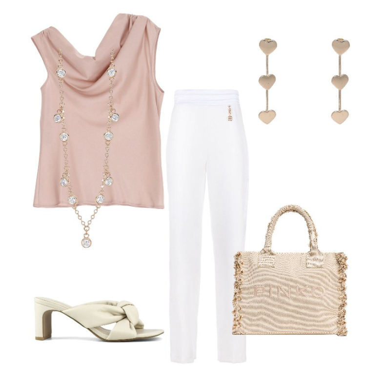 Outfit donna - Primavera. Stile Casual chic per Tutti i giorni. Abbinamento con orecchini, collane, shopping bag, top, pantaloni a palazzo, sandali col tacco.