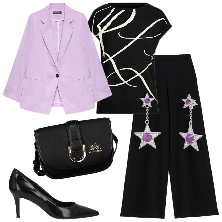 Outfit donna - Eleganti serate di primavera. Stile Casual chic per Serata fuori. Abbinamento con décolleté, orecchini, pantaloni a palazzo, maglieria, borse a tracolla, blazer.
