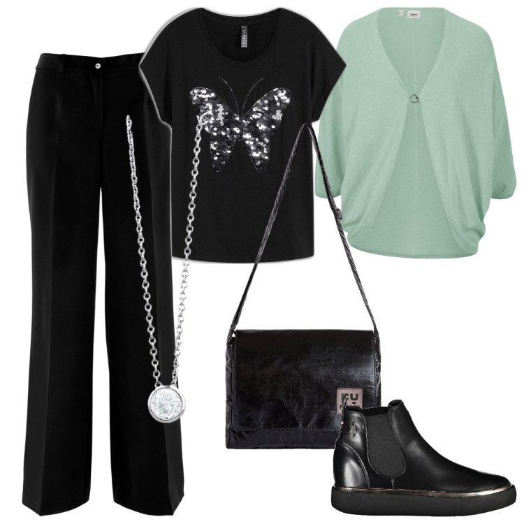 Outfit donna - Minimal chic 50+. Stile Minimal per Tutti i giorni. Abbinamento con cardigans, pantaloni, maglieria, collane, borse a tracolla, stivali.