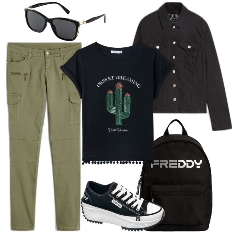 Outfit donna - Urban explorer. Stile Urban per Tutti i giorni. Abbinamento con pantaloni cargo, blazer, occhiali da sole, t-shirt, sneakers, zaini.