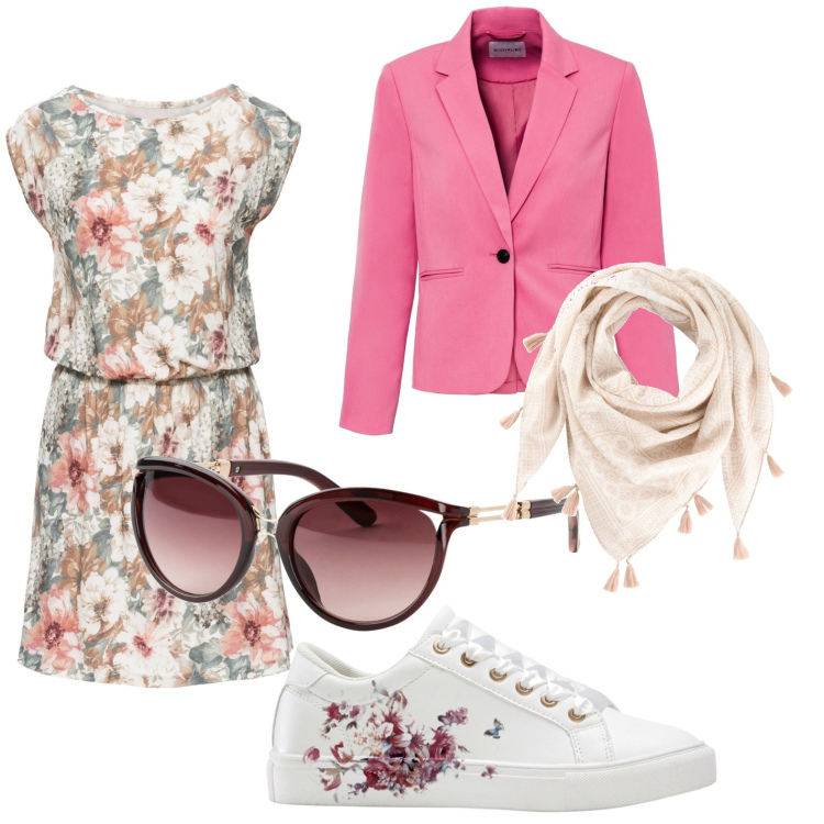 Outfit donna - Elegante si ma in comodità. Stile Glamour per Cerimonia. Abbinamento con sneakers, occhiali da sole, vestiti senza maniche, blazer, foulard.