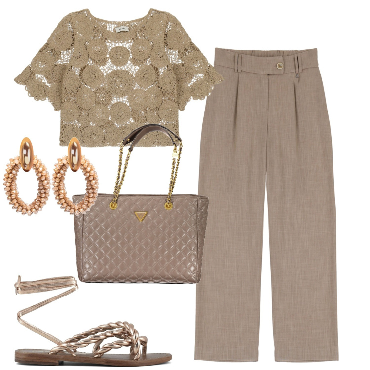 Outfit donna - Moncolor. Stile Casual chic per Tutti i giorni. Abbinamento con orecchini, pantaloni, maglieria, sandali, borse a spalla.