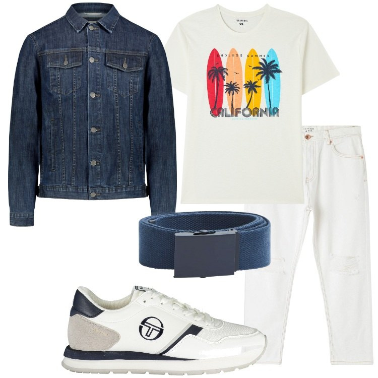 Outfit uomo - Il denim per la primavera. Stile Casual per Tutti i giorni. Abbinamento con t-shirt, jeans strappati, cinture, giacche, scarpe sportive.
