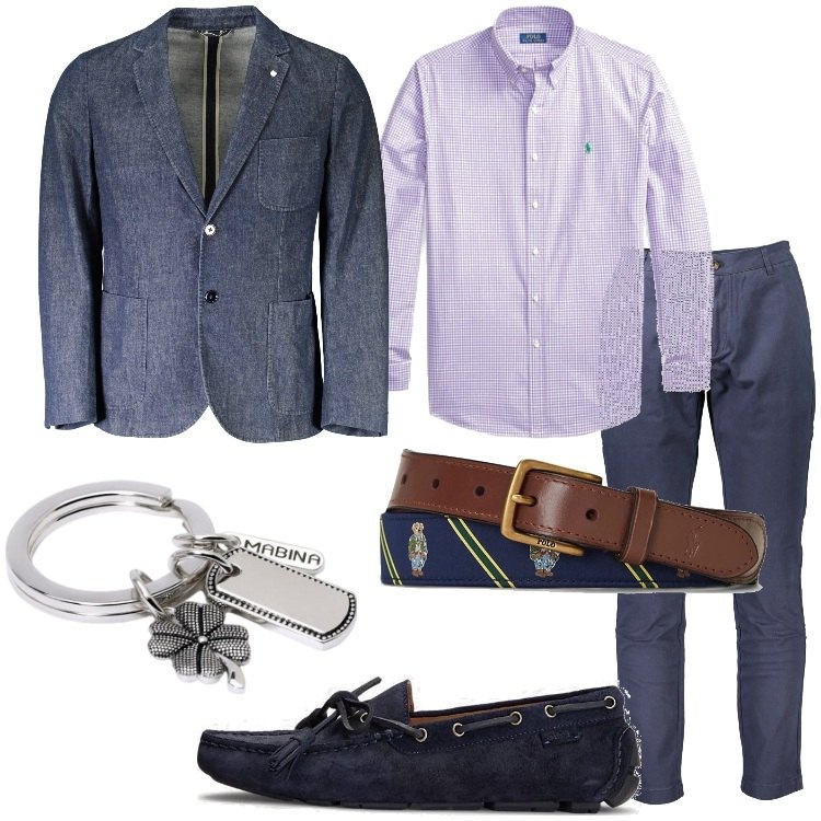 Outfit uomo - La giacca in denim per l\'ufficio. Stile Business/Elegante per Ufficio. Abbinamento con portachiavi, scarpe stringate, cinture, camicie, pantaloni, giacche.