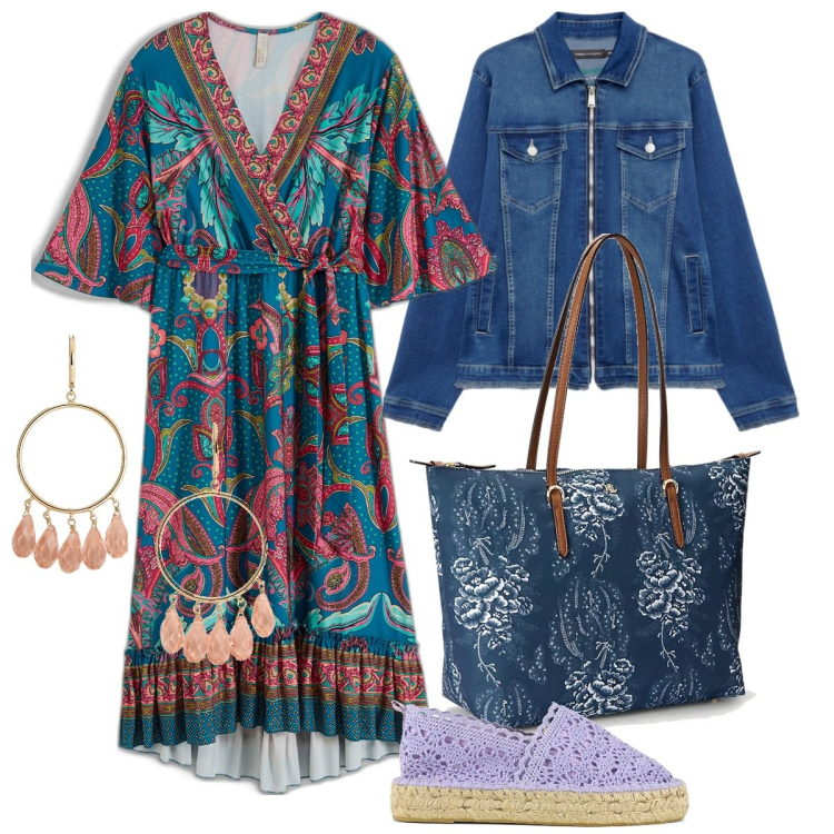 Outfit donna - Boho in primavera - Donna curvy Italy. Stile Boho per Tutti i giorni. Abbinamento con vestiti, orecchini, borse tote, espadrillas, blazer.
