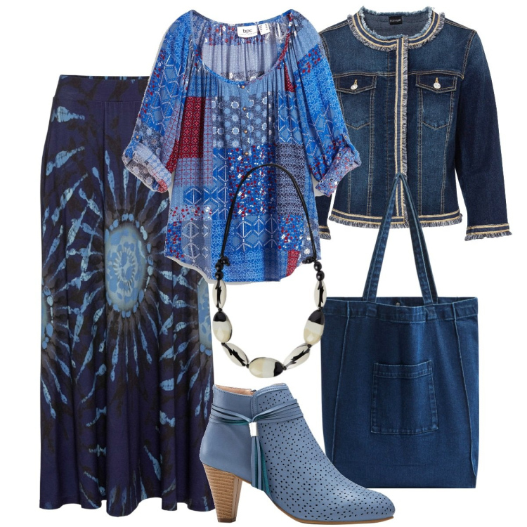 Outfit donna - Boho in primavera - donna curvy Italy. Stile Boho per Tutti i giorni. Abbinamento con blazer, gonne, tuniche, stivaletti, shopping bag, collane.