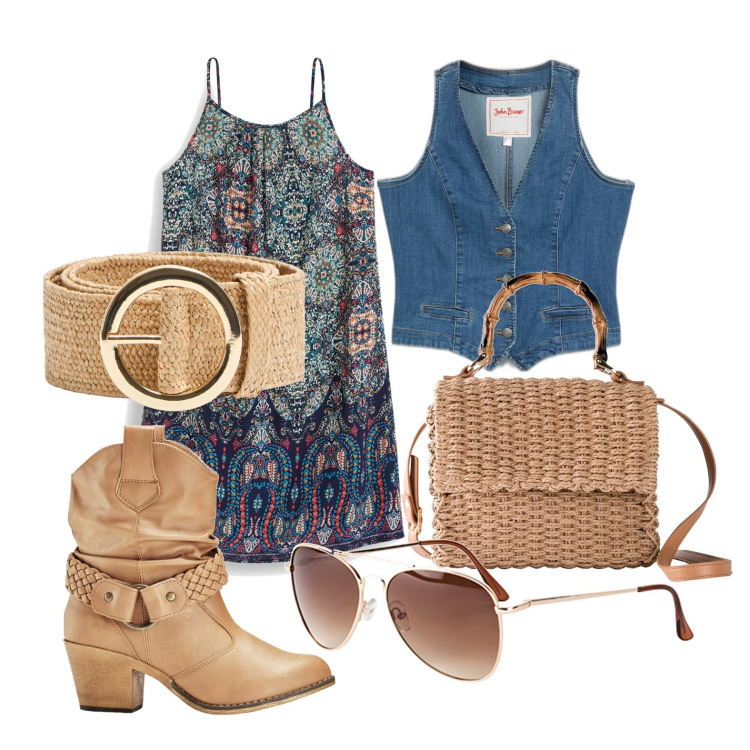 Outfit donna - Ghost outfitter - aprile. Stile Boho per Tutti i giorni. Abbinamento con vestiti, occhiali da sole, gilet, stivaletti texani, borse a mano, cinture.