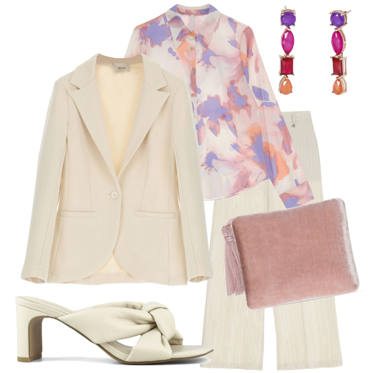 Outfit donna - Blazer chiaro. Stile Chic per Cerimonia. Abbinamento con orecchini, camicie, pantaloni, blazer, sandali col tacco, pochette.