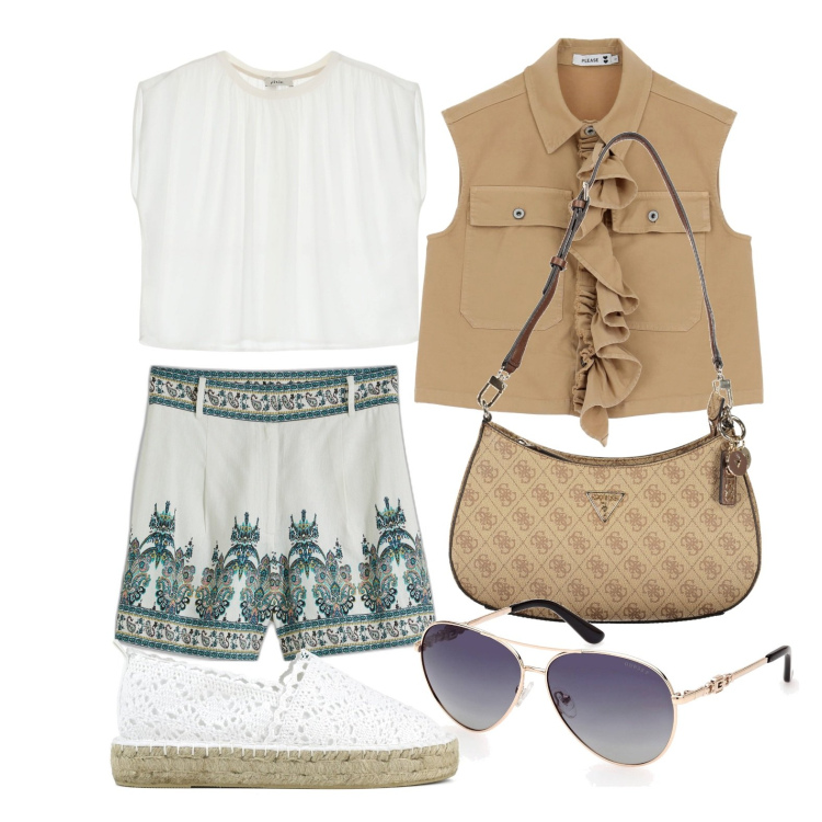 Outfit donna - Ghost outfitter - aprile. Stile Boho per Tutti i giorni. Abbinamento con shorts, gilet, top, espadrillas, occhiali da sole, borse a spalla.