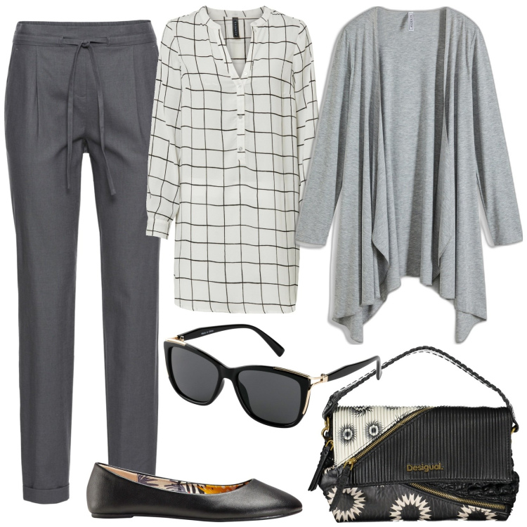 Outfit donna - Minimal chic. Stile Minimal per Tutti i giorni. Abbinamento con pantaloni, ballerine, occhiali da sole, bluse, cardigans, borse a spalla.
