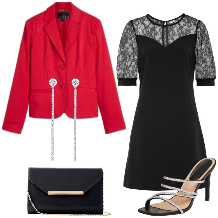 Outfit donna - Total look #1857121. Stile Chic per Serata fuori. Abbinamento con vestiti corti, blazer, pochette, sandali col tacco, orecchini.