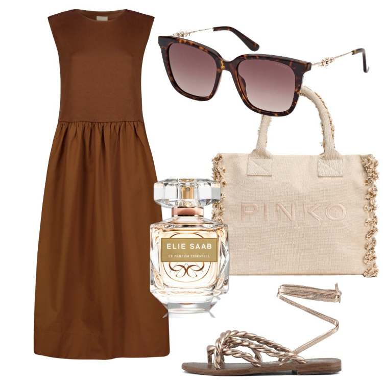 Outfit donna - Abito longuette. Stile Casual per Mare. Abbinamento con profumi, shopping bag, vestiti midi/longuette, occhiali da sole, sandali.