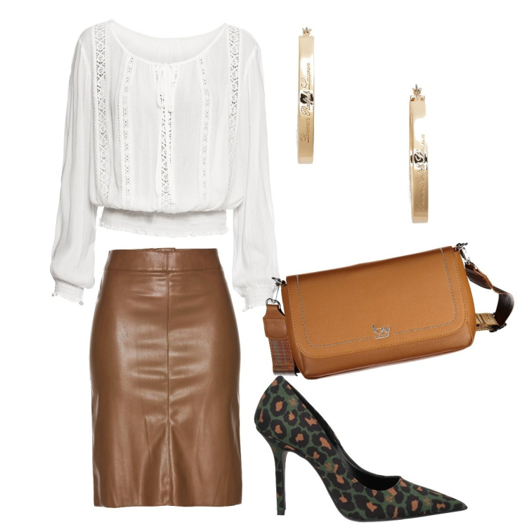 Outfit donna - Minimal chic oversize. Stile Minimal per Tutti i giorni. Abbinamento con gonne longuette, bluse, décolleté, orecchini, borse a spalla.