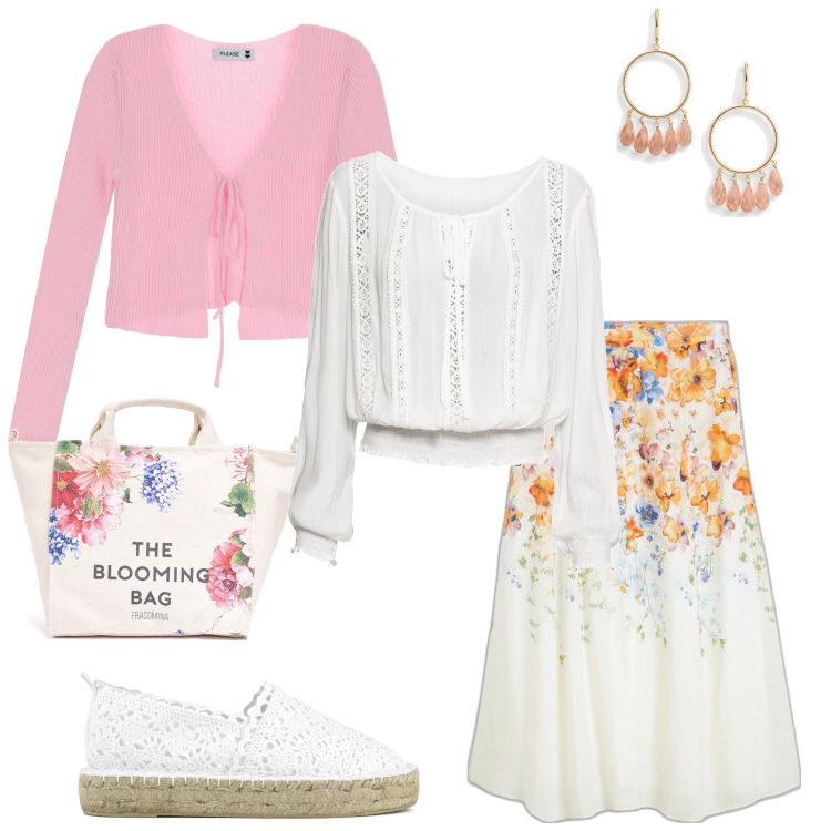 Outfit donna - boho di primavera. Stile Boho per Serata fuori. Abbinamento con gonne, bluse, cardigans, borse tote, orecchini, espadrillas.