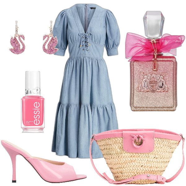 Outfit donna - Total look #1857143. Stile Romantica per Serata fuori. Abbinamento con orecchini, profumi, smalti, sandali in pelle, borse a secchiello, vestiti.