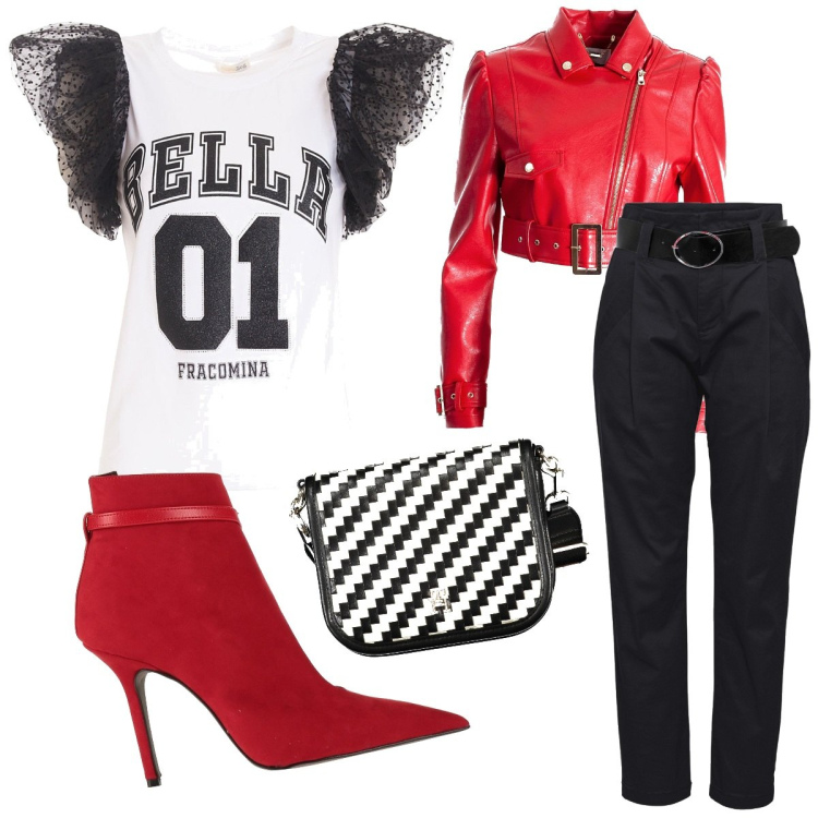 Outfit donna - Farfalla sbarazzina. Stile Glamour per Serata fuori. Abbinamento con pantaloni, stivaletti, t-shirt, giacche, borse a tracolla.