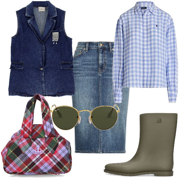 Outfit donna - Total look #1857149. Stile Casual per Tutti i giorni. Abbinamento con gilet, gonne, camicie, borse a mano, occhiali da sole, stivali.