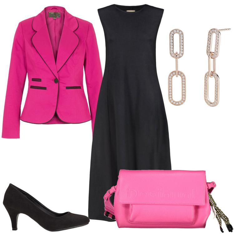 Outfit donna - La cena dopo il convegno. Stile Chic per Serata fuori. Abbinamento con décolleté, blazer, orecchini, vestiti midi/longuette, borse a spalla.