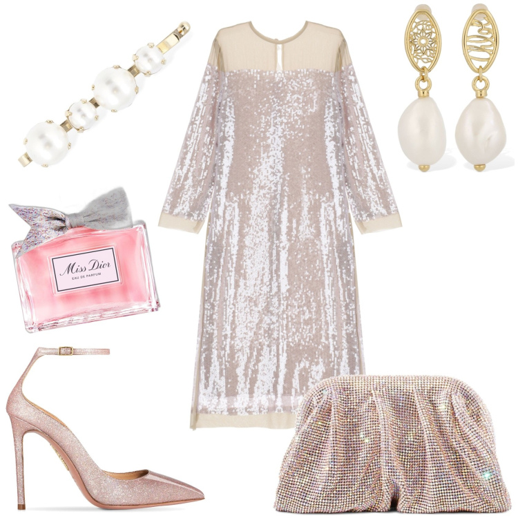 Outfit donna - Cerimonia glamour chic. Stile Glamour per Cerimonia. Abbinamento con profumi, vestiti midi/longuette, décolleté, pochette, accessori per capelli, orecchini.
