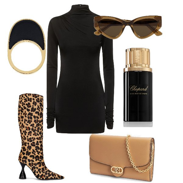 Outfit donna - Total look #1857163. Stile Sexy per Serata fuori. Abbinamento con profumi, borse a tracolla, occhiali da sole, anelli, stivali, vestiti.