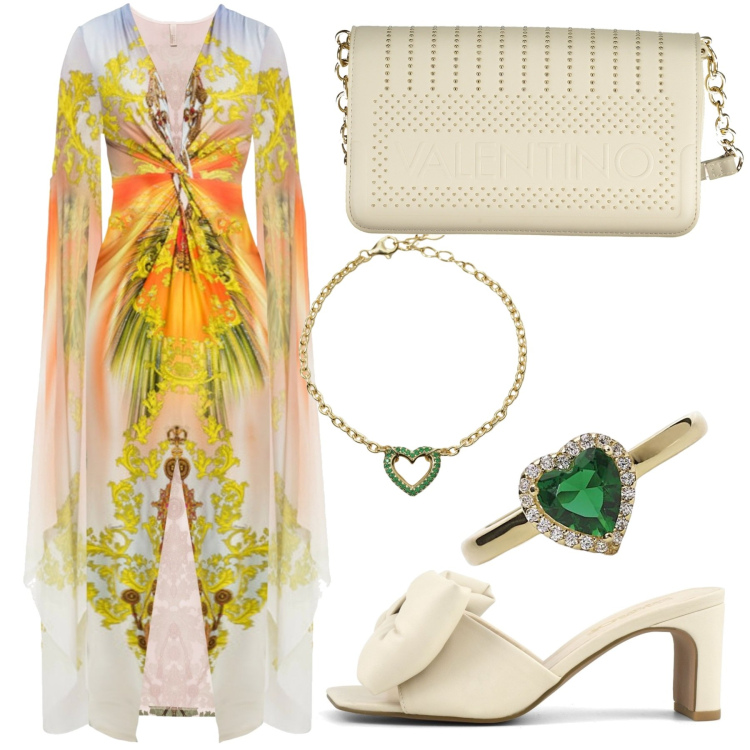 Outfit donna - Come una dea. Stile Boho per Cerimonia. Abbinamento con vestiti lunghi, anelli, braccialetti, sandali col tacco, borse a tracolla.