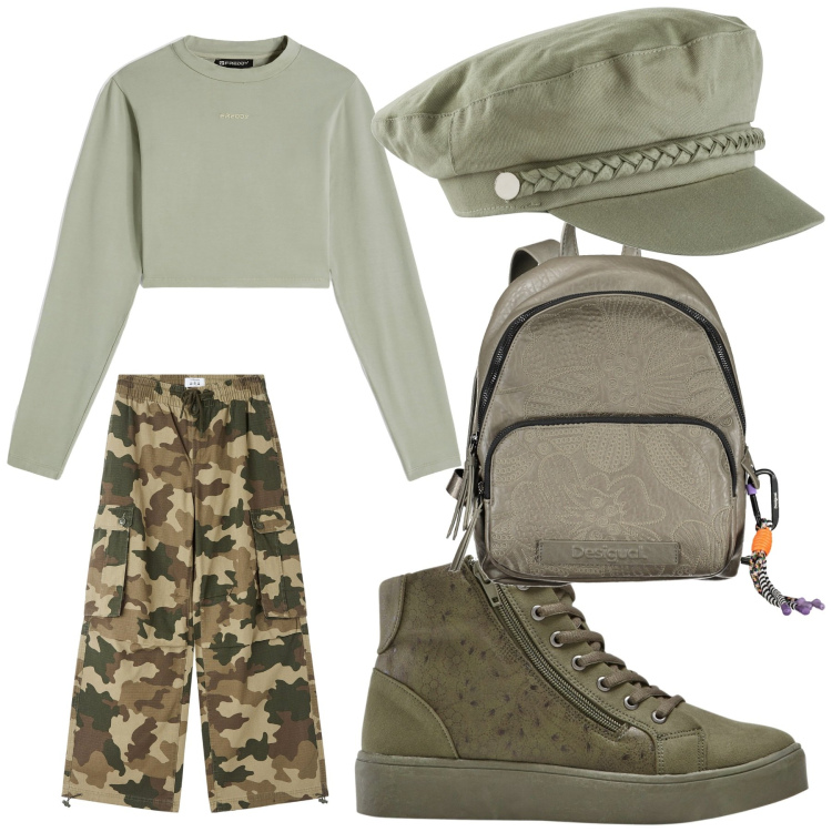Outfit donna - Città in verde. Stile Urban per Tutti i giorni. Abbinamento con cappelli, sneakers alte, pantaloni cargo, maglieria, zaini.