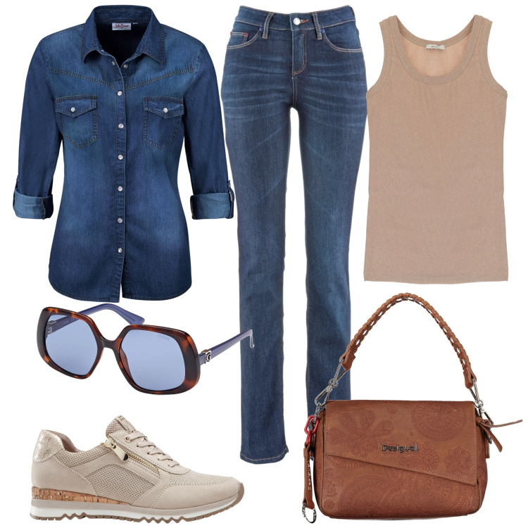 Outfit donna - Urban Explorer. Stile Casual chic per Tutti i giorni. Abbinamento con jeans dritti, camicie, sneakers, top, occhiali da sole, borse a spalla.