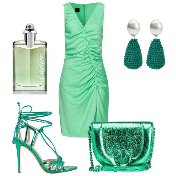 Outfit donna - Serata in verde. Stile Chic per Serata fuori. Abbinamento con orecchini, profumi, vestiti asimmetrici, borse a tracolla, sandali in pelle.