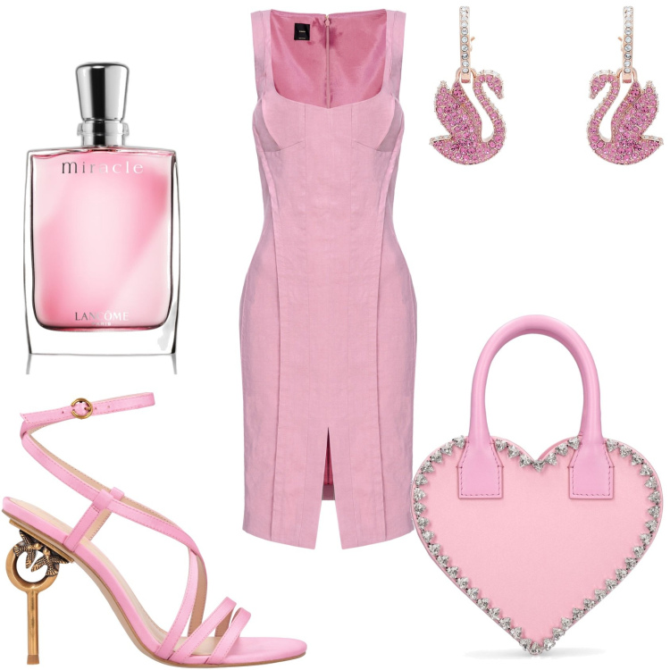 Outfit donna - Rosa antico per la serata. Stile Chic per Serata fuori. Abbinamento con orecchini, profumi, vestiti midi/longuette, sandali in pelle, borse a mano.