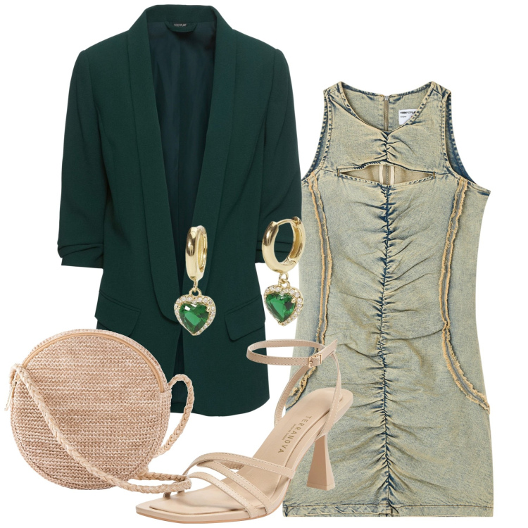 Outfit donna - Un tubino strepitoso. Stile Chic per Serata fuori. Abbinamento con blazer, borse a tracolla, vestiti senza maniche, sandali col tacco, orecchini.