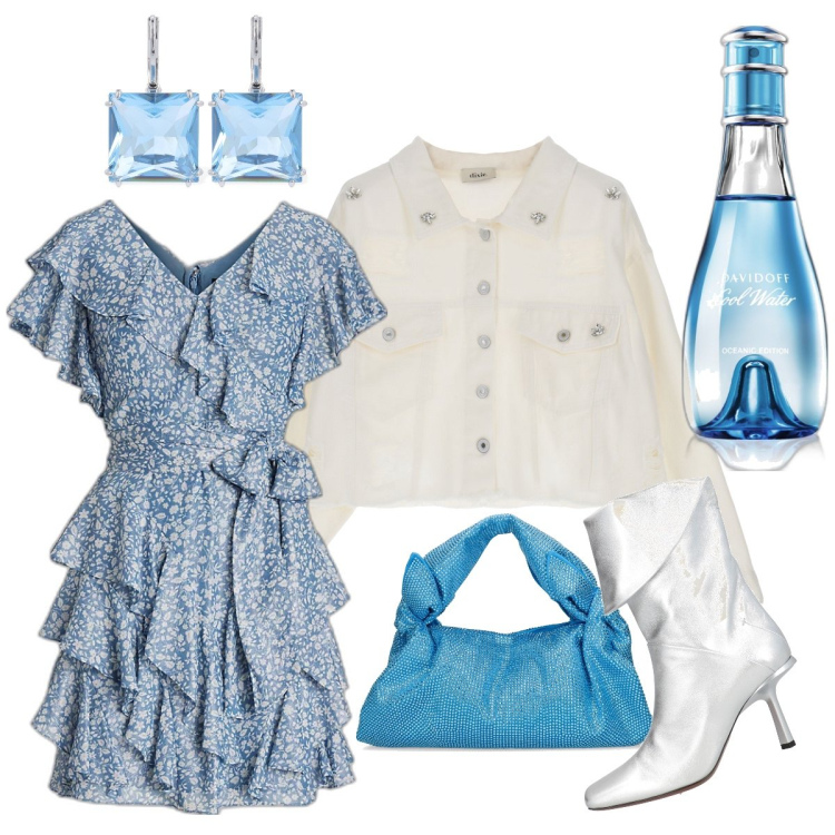 Outfit donna - Primavera in bianco e azzurro. Stile Bon Ton per Tutti i giorni. Abbinamento con stivaletti, profumi, blazer, vestiti, orecchini, borse a mano.