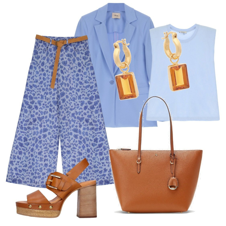 Outfit donna - Combo azzurro e marron. Stile Chic per Ufficio. Abbinamento con orecchini, borse tote, blazer, pantaloni a palazzo, t-shirt, sandali in pelle.
