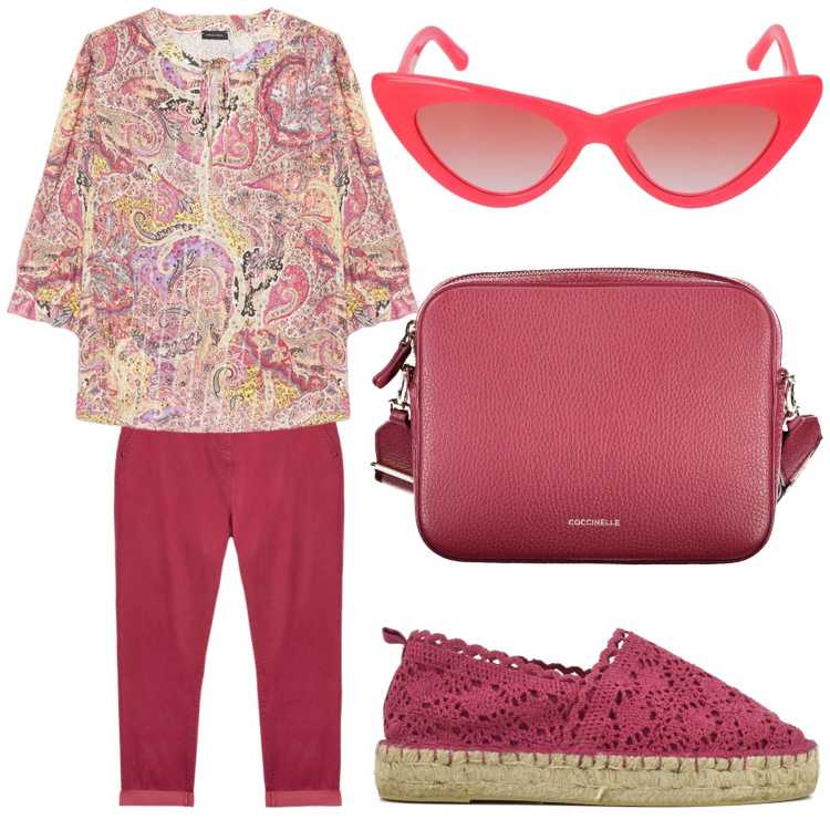 Outfit donna - Passeggiata sul lungomare. Stile Boho per Tutti i giorni. Abbinamento con espadrillas, bluse, pantaloni, borse a tracolla, occhiali da sole.