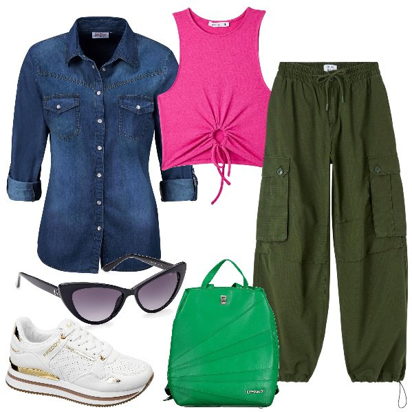 Outfit donna - Confort urbano. Stile Urban per Tutti i giorni. Abbinamento con camicie, pantaloni cargo, top, sneakers, zaini, occhiali da sole.