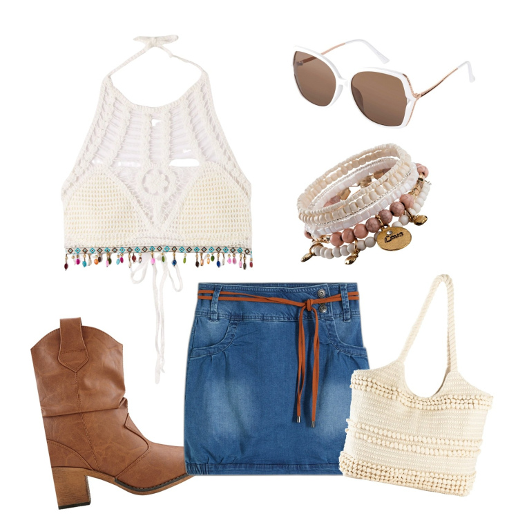 Outfit donna - Coachella Festival. Stile Boho per Mare. Abbinamento con stivaletti texani, minigonne, braccialetti, shopping bag, occhiali da sole, top.