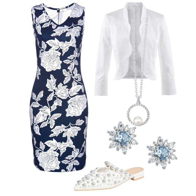 Outfit donna - Il tubino midi. Stile Minimal per Serata fuori. Abbinamento con blazer, vestiti, ballerine, orecchini, collane.
