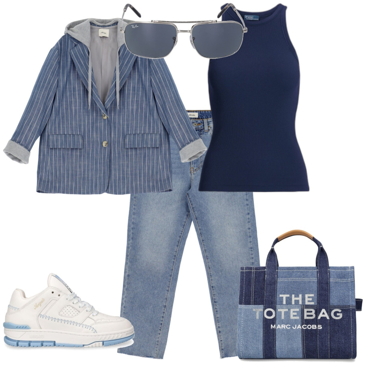 Outfit donna - Denim azzurro e blu. Stile Urban per Tutti i giorni. Abbinamento con jeans slim fit, blazer, canottiere, occhiali da sole, sneakers, borse tote.